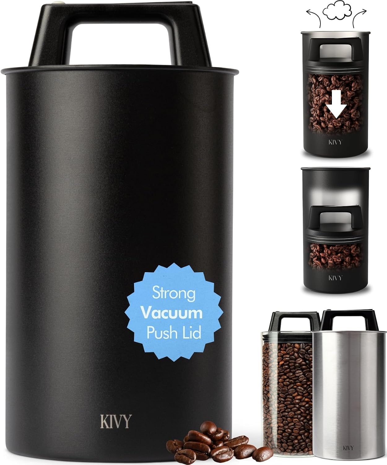 KIVY Vacuum Coffee Canister - Push Lid Preserves Coffee Aroma & Oil | Stainless...