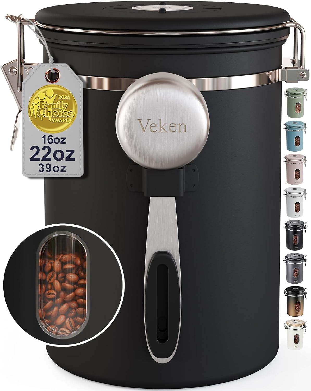 Veken Coffee Canister with Window, Airtight Stainless Steel Container, 22OZ |...